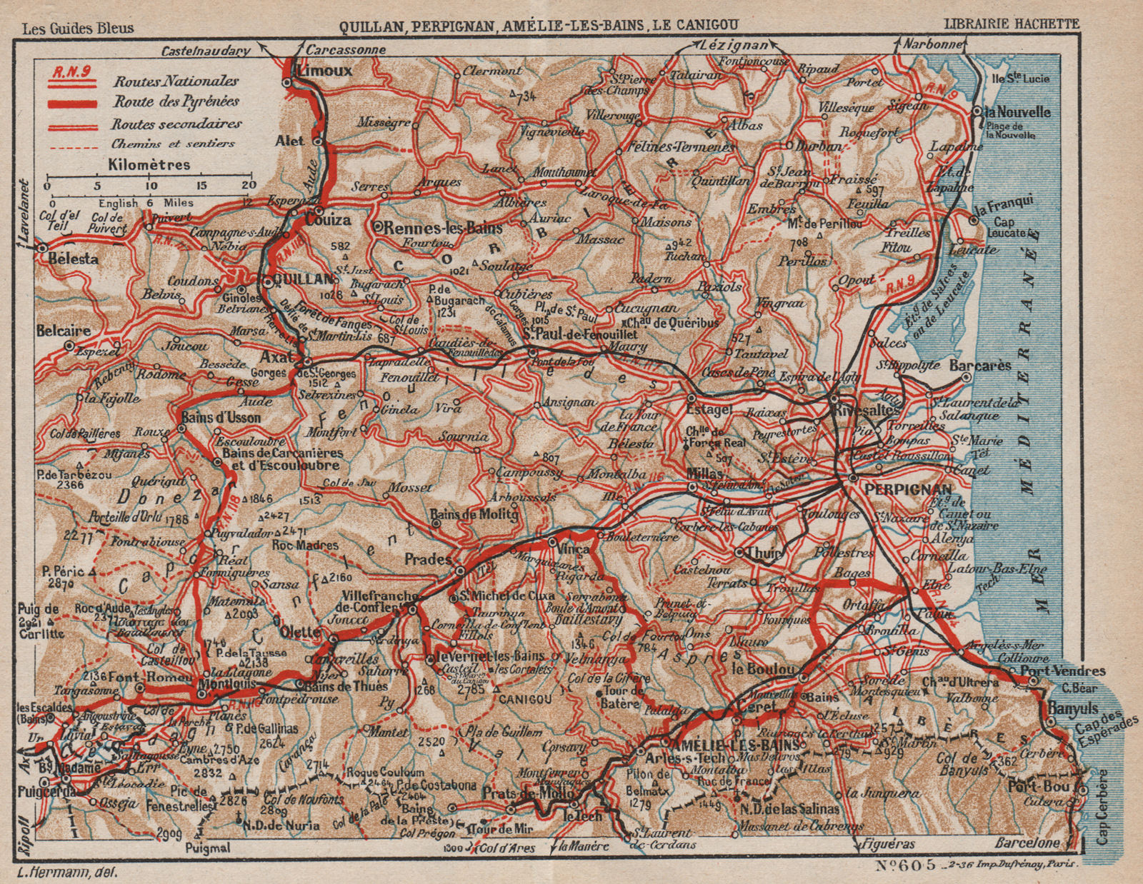 PYRÉNÉES-ORIENTALES LITTORAL.Quillan Perpignan Canigou Amélie-les-Bains 1933 map